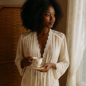 Vintage Gilead Floral Lace Nylon Robe Medium 70s Peignoir Cottagecore Nightgown